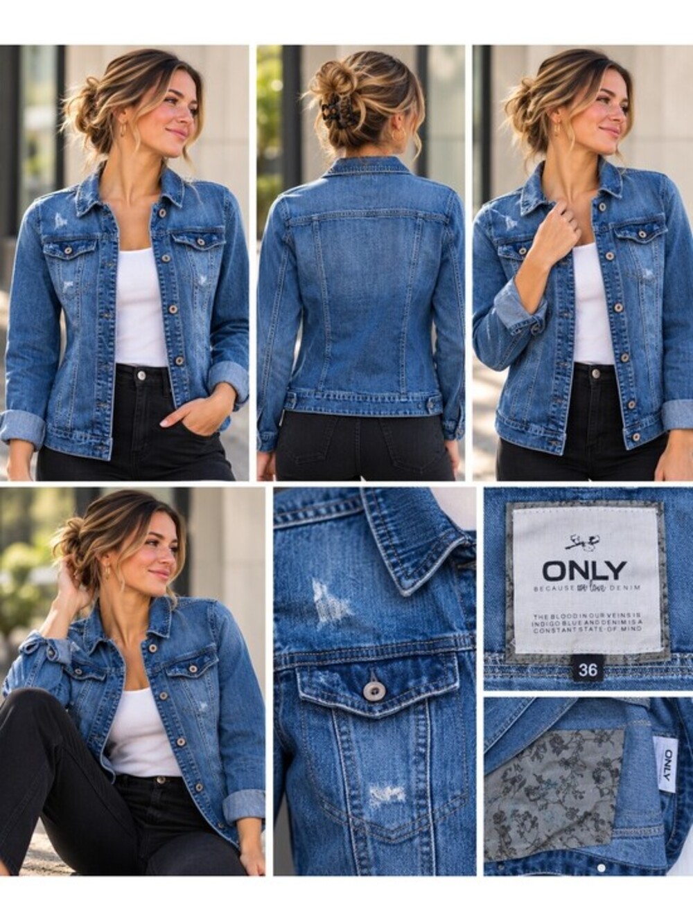 ONLY Women’s Distressed Denim Jacket Size 36 Blue Fitted Jean Jacket Y2K